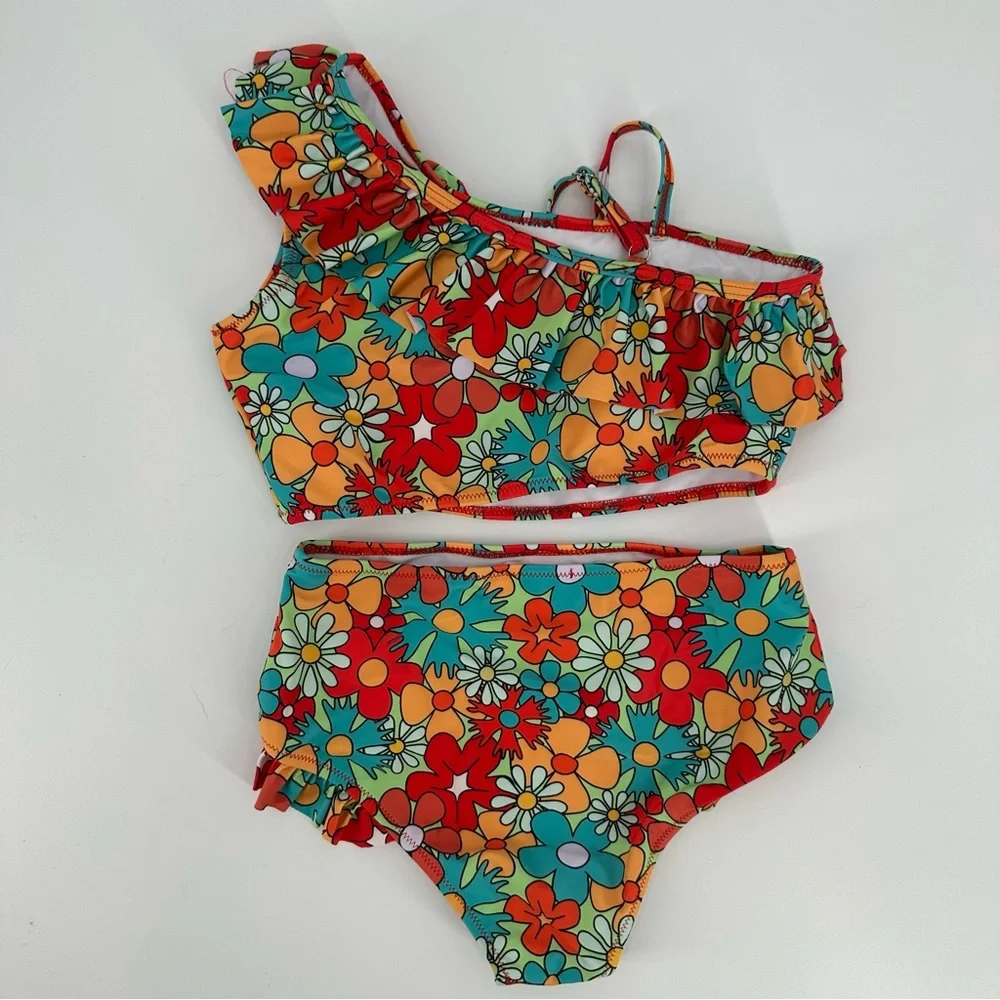 Arshiner Girls Bikini Set Retro Floral One Shoulder Ruffle Size 160 12 - Picture 4 of 4